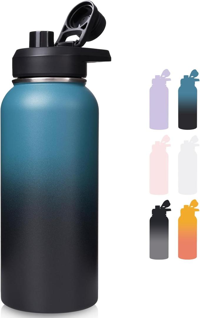 32 oz Insulated Water Bottle with Handle, 304 Stainless Steel Water Bottles with Wide Mouth, Double Wall Vacuum Sports Water Bottle, BPA Free, Keep Cold and Hot, Blue & Black