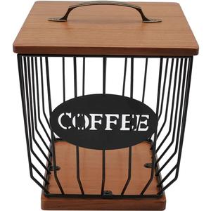 Square Coffee Pods Holder with Wooden Lid and Base,Large Capacity Wire Coffee Pods Storage Basket for Home Cafe Bar Countertop Decor(Black)