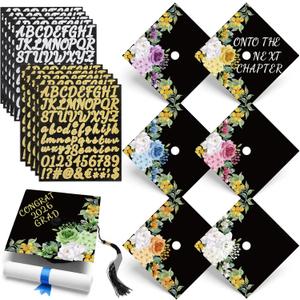 Feifeiya 14 Pcs DIY Graduation Cap Topper Sticker Flower Design Motivational Inspirational Cap Topper Decal with Alphabet Letter Stickers for Graduation Accessories(Half-side,Colorful)