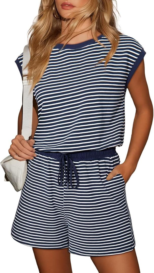Dokotoo Women's Summer Casual Rompers Striped Shorts Overalls Adjustable Drawstring Waist Jumpsuits One Piece Outfits (Blue)