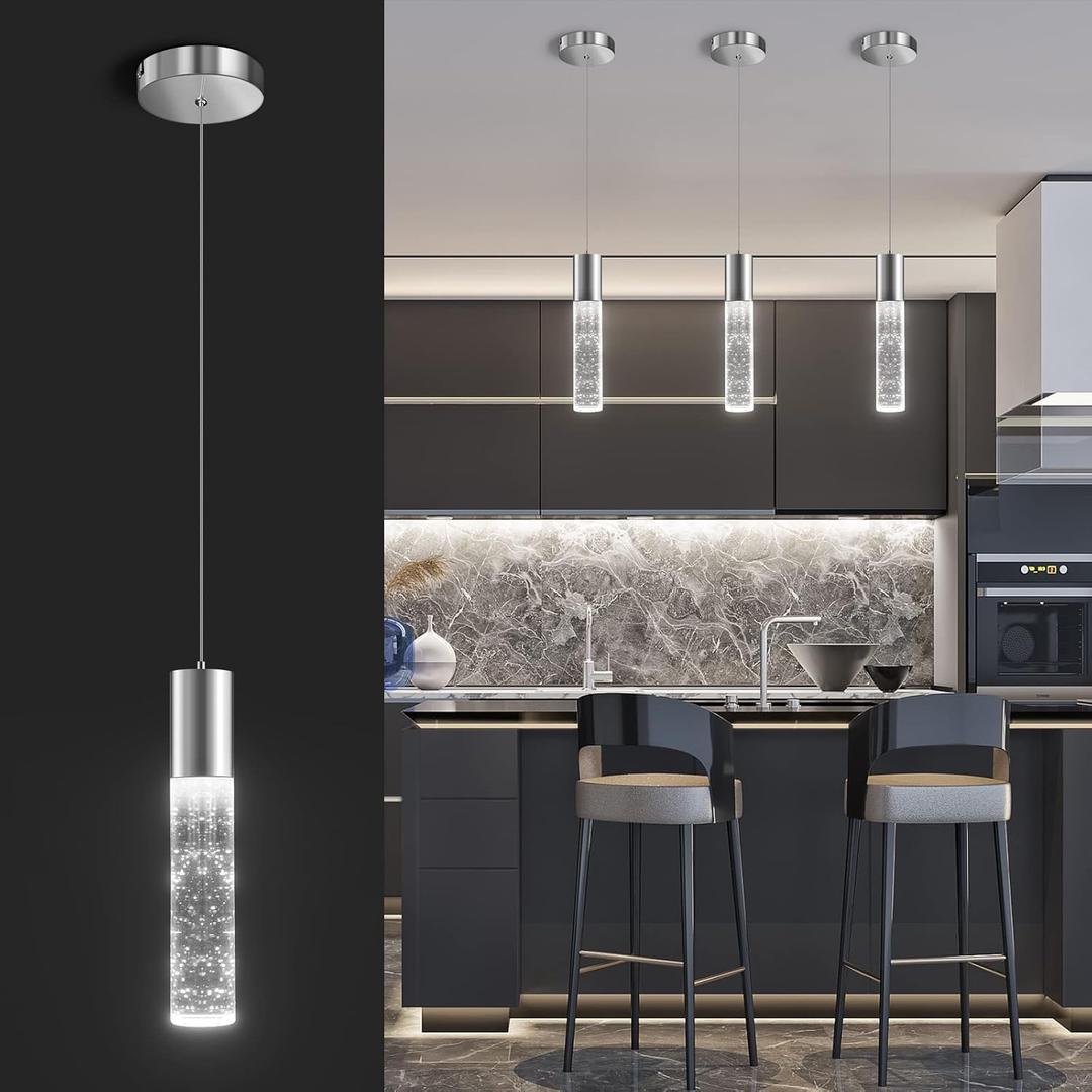 OKELI Modern Pendant Light, LED Bubble Crystal Kitchen Island Lights Fixtures,Chrome Mini Single Island Lights Pendant Lighting for Kitchen Island,Bar,6W,6000K,ETL (1P)