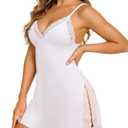 REORIA Women Lingerie Lace Babydoll Strap Chemise Halter Teddy V Neck Sleepwear, White, Small