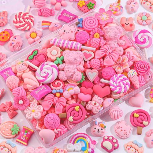 60PCS Pink Slime Charms Cute Flatback Resin Charms for Slime, Random Kawaii Decoden Charm for Embellishments Phone Junk Case Charms Bulk Rainbow Bow Heart Lollipop, Scrapbooking DIY Decor