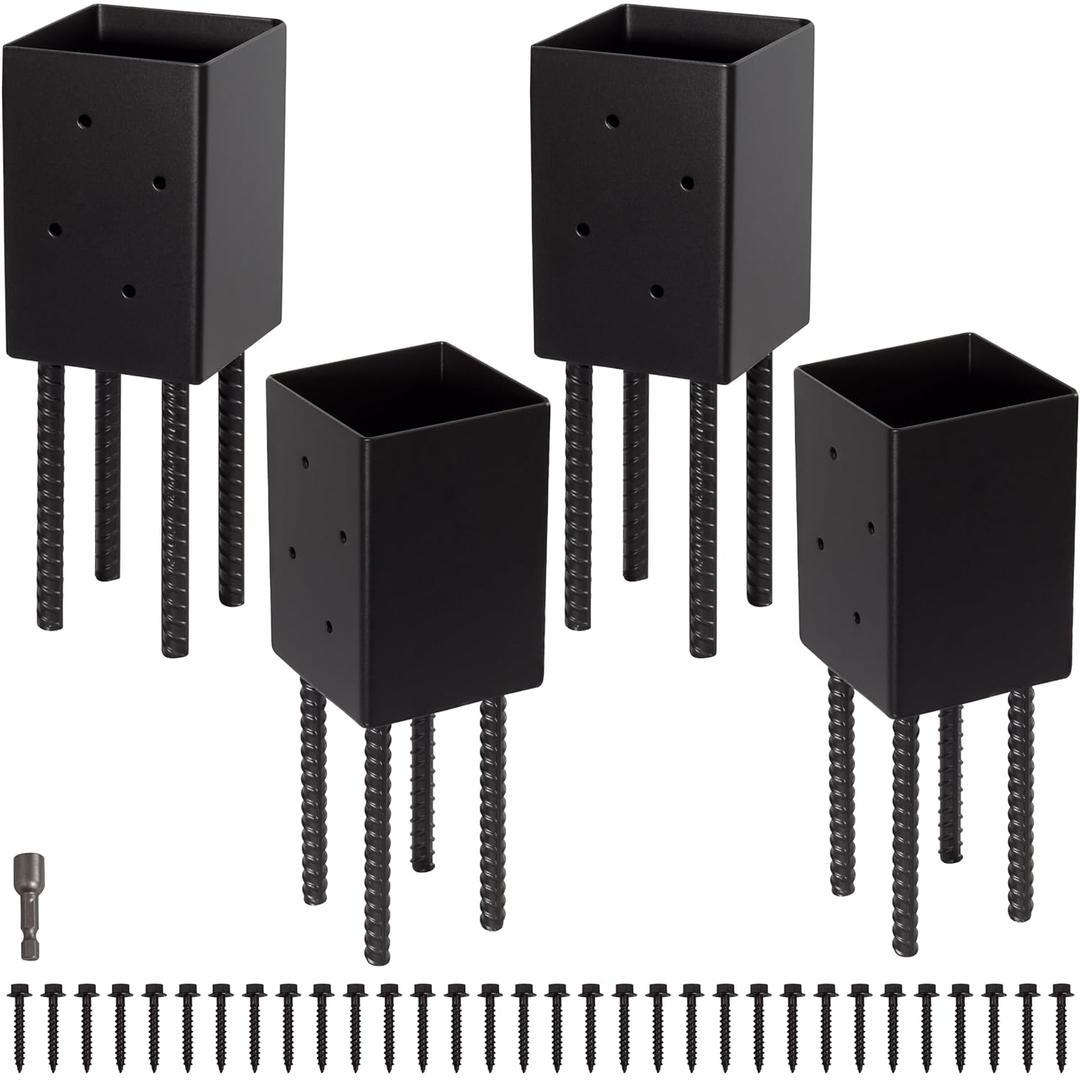 LADECH 4x4 Post Base Holder Ground Spike Use for Concrete Deck - Post Anchor Brackets Metal Black Powder Coated 4 Inches x 4 Inches (Inner Dia 3.5x3.5) 4 Pack