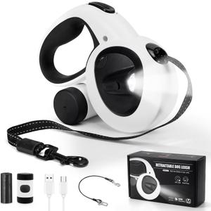 Retractable Dog Leash with USB Rechargeable LED Light, 16 ft Heavy Duty Dog Lead with Poop Bag Holder & Chew Proof Cable, Leash for Small Medium Large Dogs, White