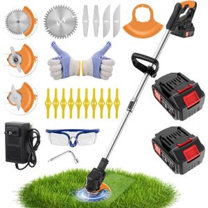 Electric Weed Wacker Cordless stringless,Grass Trimmer,with 2 Batteries, 1 Charger, 3Types Blades, Weed Wacker Eater Battery Powered Lightweight Battery Weed Trimmer for Yard and Garden (black)