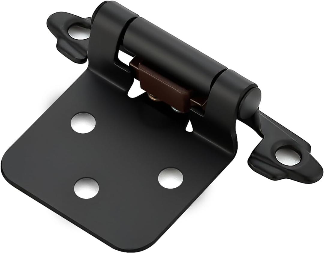 4 Pack (2 Pairs) Matte Black Cabinet Hinges for Kitchen Doors, Self-Closing, 1/2 Inch Overlay (Variable), Semi-Concealed Face Frame, Surface Mount Cabinet Hardware