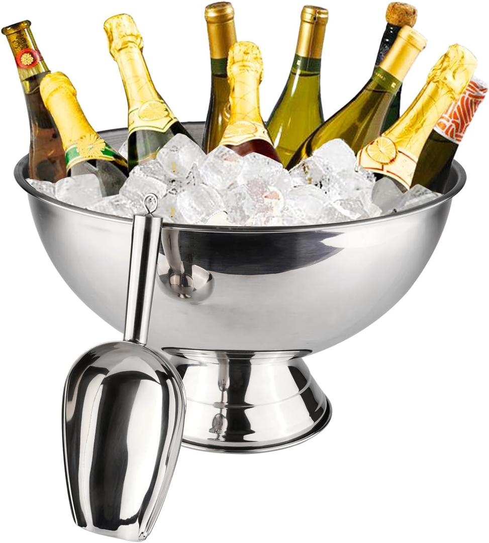 Large Champagne Bowl,12L Champagne Bowl Ice Bucket with Scoop Stainless Steel Large Banquet Champagne Ice Bucket Big Ice Bucket for Parties Large Size Ice Bowl for Wine Beer Home Bar Celebrations,16in (Silver)