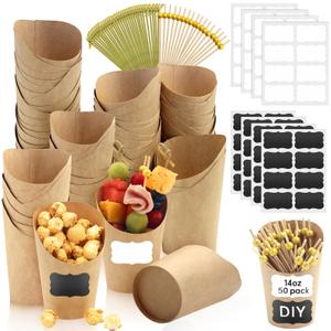 Bayurht 50 Sets 12 oz Charcuterie Cups with Sticks 210 PCS Individual Disposable Charcuterie Cups with Cocktail Picks Kraft Paper French Fry Brown Paper Appetizer Cup for French Fry