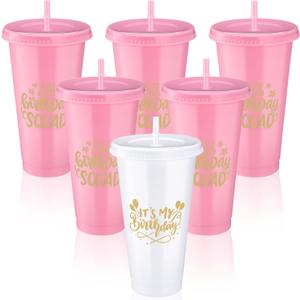 Birthday Party Tumblers 24 oz Squad Plastic Tumblers with Lid and Straw for 20th 30th 40th 50th 60th Birthday Decorations Favor for Women Adults (White, Pink, 5 Pcs)