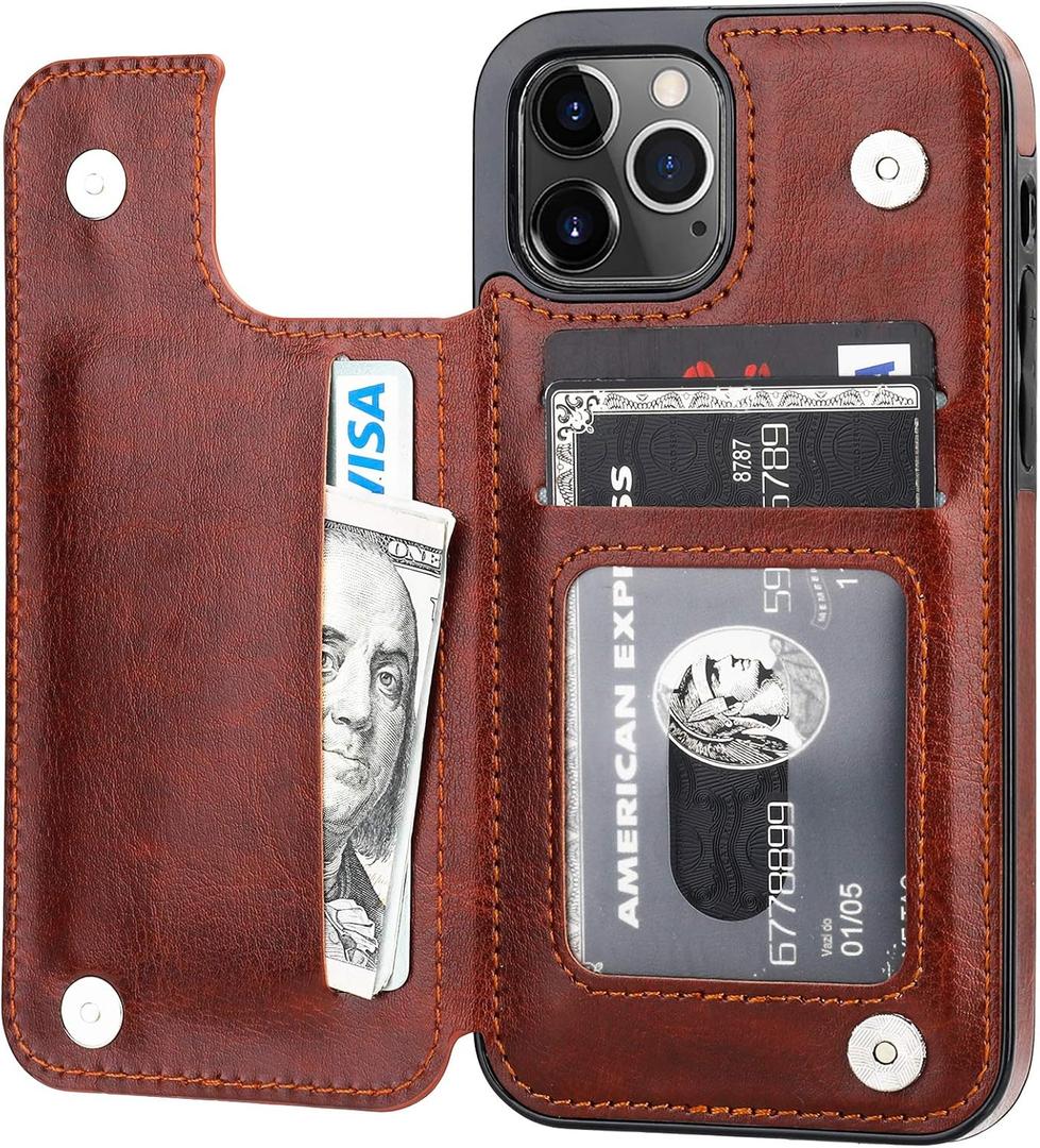 ONETOP Compatible with iPhone 12 Compatible with iPhone 12 Pro Wallet Case with Card Holder, PU Leather Kickstand Card Slots Case, Double Magnetic Clasp Durable Shockproof Cover 6.1 Inch(Brown)