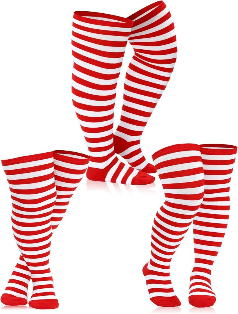 SATINIOR 3 Pairs Knee High Socks Thigh High Triple Stripe over the Knee Socks Long Opaque Thigh Stockings (X-XXL, Red and White Stripes)