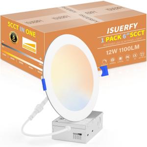 1 Pack 6 Inch 5CCT Ultra-Thin LED Recessed Ceiling Light with Junction Box, 2700K/3000K/3500K/4000K/5000K Selectable, 12W 110W Eqv, 1100LM Dimmable Canless Wafer Downlight for Kitchen Hallway, ETL&FCC