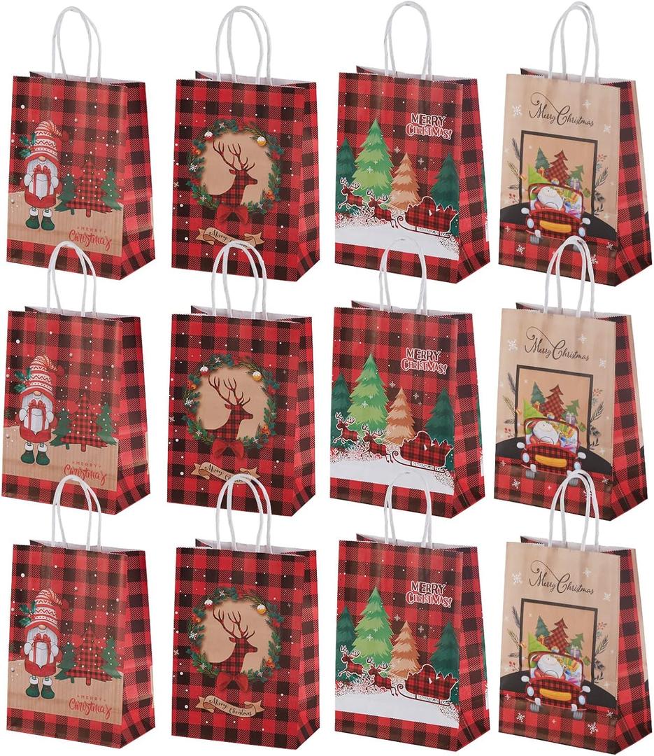 Maetrin 12PCS Small Christmas Gift Bags Reusable, 4 Styles Kraft Paper Bags Christmas with Handle Bulk for Xmas Party Presents Favors with 12Pcs Gift Tags, Each Bag Size 8.3 * 5.9 * 3.2IN (12packs)