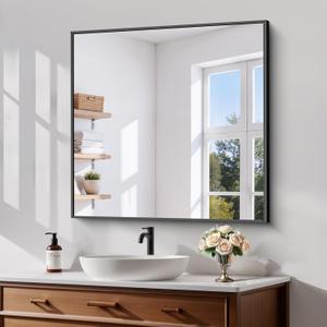 Koonmi Black Framed Bathroom Mirror - Shatterproof 30"x30" Tempered Glass, HD No Distortion, Horizontal/Vertical Mount, Modern Matte Aluminum Alloy Frame (Square-edged)