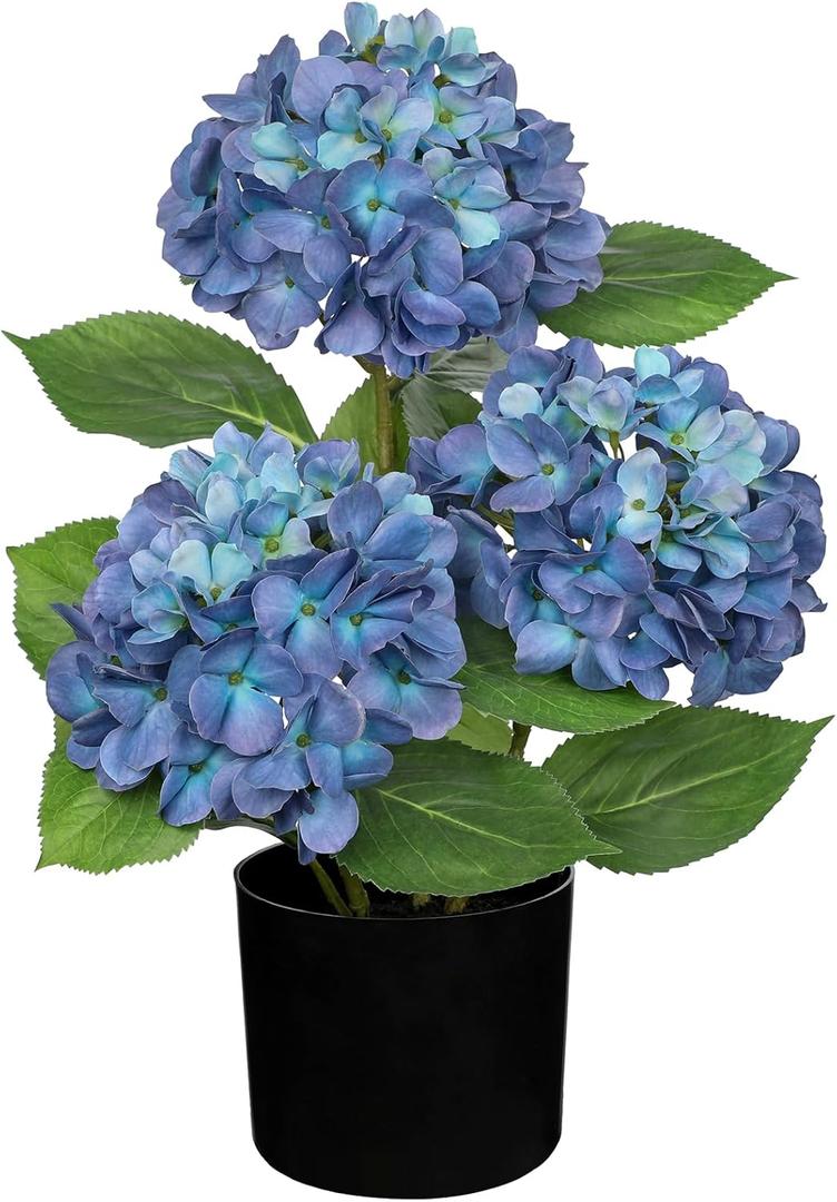 Hollyone Blue Hydrangea Artificial Flowers in Pot Large Silk Three-Head Hydrangeas Flowers Fake Flowers Arrangements for Indoor Home Office Kitchen Table Centerpieces Wedding Decorations