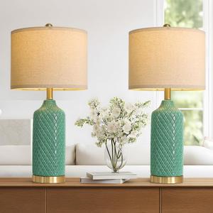 G-SAFAVA24.25 Modern Ceramic Green Table Lamps Set of 2 for Living Room, Farmhouse, Bedside, Bedroom, Side & End Tables Nightstand Light Home Office Desk Lamps Gifts