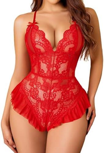 Avidlove Teddy Lingerie for Women Sexy Cut Out Lace Bodysuit One Piece Criss Cross Backless Mini Babydoll L, Red