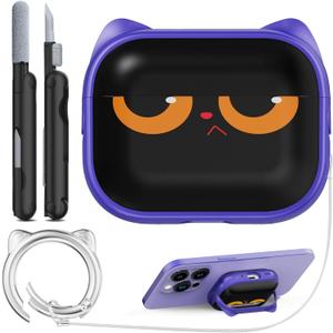 RFUNGUANGO is Compatible with AirPods Pro 3 Protective case, with Mobile Phone Holder Function, Suitable for AirPods Pro 3 Protective case,Purple + Cartoon Cat Head
