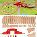 Wooden Train Set with Town Map-Shinington Railway Track Construction Building Toys for 3 Years Old Kids Boys Girls-Vehicles Transport Wooden Toys Gift for Toddlers 3 4 5 Years Old