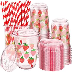 LemonRoad 50 Sets Pink Strawberry Clear Plastic Cups with Lids & Straws 16 oz Party Tumblers for Iced Coffee, Smoothies, Juice & More Cute Disposable Pet Mugs for Birthdays & Gatherings