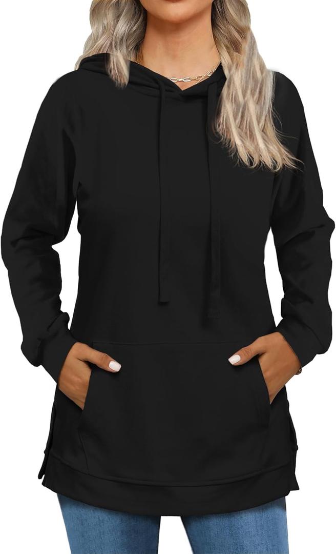Beimuc Hoodies for Women Fashion Split Hem Drawstring Casual Long Sleeve Sweatshirts Tops with Pockets (Medium, Black)