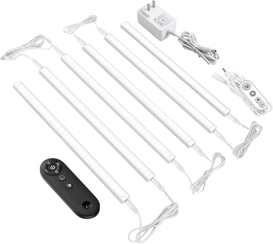 Remote Control Under Cabinet Led Light Plug in, Dimmable Daylight White 4500K, 6 Pack 12 inch Linkable Under Counter Lights for Kitchen Upgrade ETL Listed Plug 24V, UNO-LK 4500K