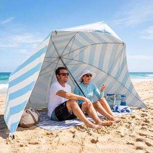 Beach Tent Easy Set Up Canopy Sun Shelter Shade with UPF 50+UV Protection Portable Beach Umbrella Outdoor Sunwall with Sand Pockets for Fishing Backyard Camping(Sea Salt Stripe)