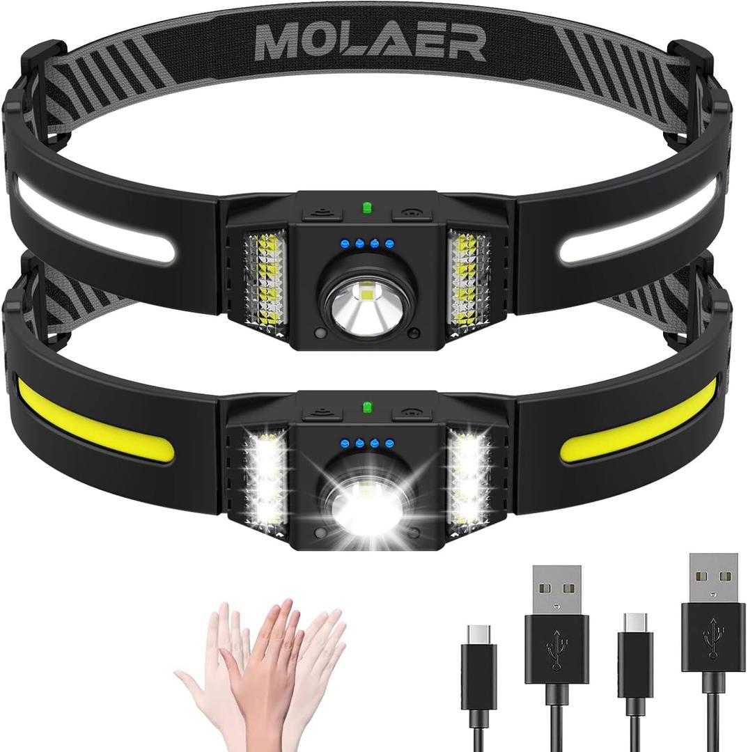 LED Headlamp Rechargeable 2PCS, Wide Beam Bright Headlight Flashlight with White Red Light, Lightweight, Weatherproof, 9 Modes Motion Sensor Head Lamp for Outdoor Camping Running