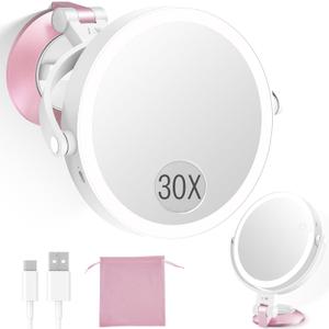 30X/1X Wall Mounted Magnifying Makeup Mirror with Power Suction Cup, Rechargeable Double Sided Regular HD/Magnification 3 Color Modes Adjustable Brightness Mirror with Lights for Bathroom, Travel (Rosegold)