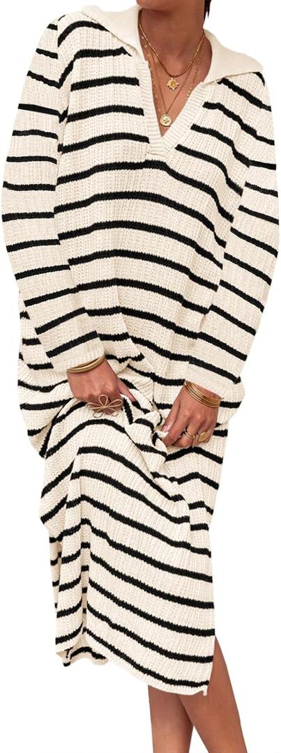 Saodimallsu Womens Striped Sweater Dress Fall Chunky Knit V Neck Collared Long Sleeve Sexy Slit Loose Midi Dresses (Medium, Beige)