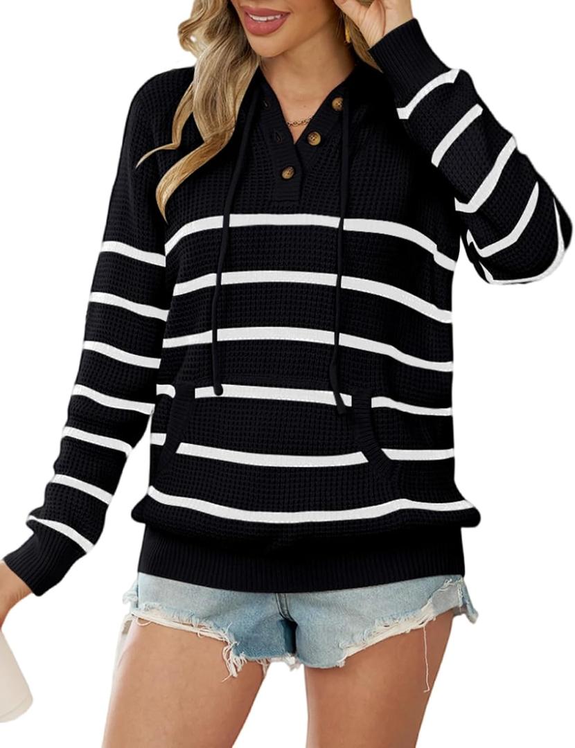 VIMPUNEC 2024 Fall Womens Oversized Hoodies Knit V Neck Sweaters Fashion Casual Pullover Tops (X-Large, C Stripe Black)