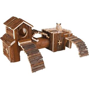 Natural Wooden Hamster Tunnel Playground Small Animal Multi-Room Hideout Houses with Climbing Ladders and Bridges for Dwarf Hamster Mice Gerbil (18.5x8.7x6in)