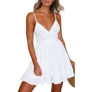 ECOWISH Summer Dresses for Women 2026 V-Neck Spaghetti Strap Bowknot Backless Sleeveless Lace Mini Swing Skater Dress White Small