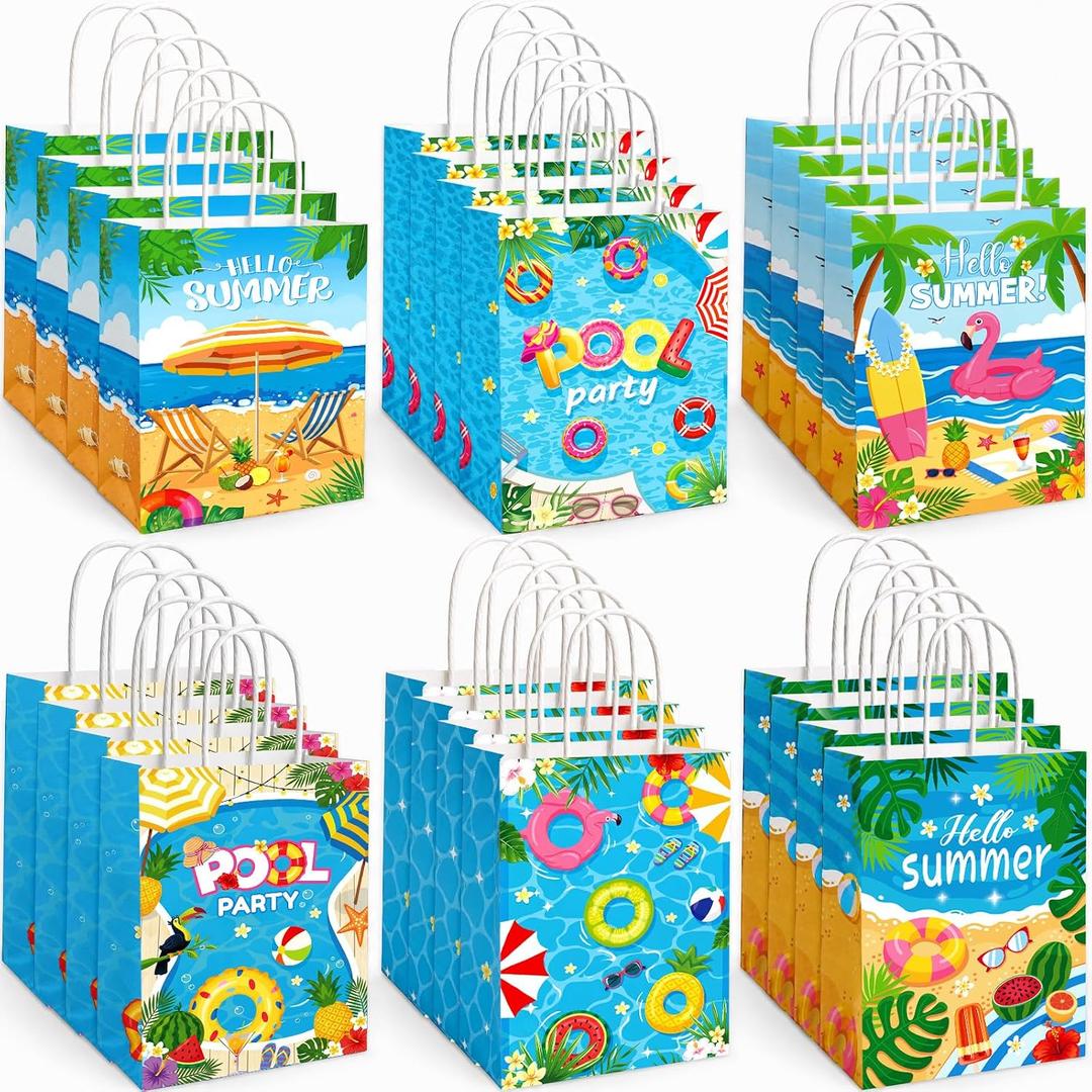 Tinlade 24 Pcs Summer Pool Beach Party Paper Gift Bags with Handles Hawaii Tropical Luau Last Day of School Treat Goodie Bags Birthday Party Supplies Multicolor 5.9" x 8.3" x 3.2", 1 Count