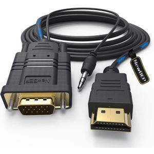 NewBEP HDMI to VGA Cable Adapter with 3.5mm Audio Cord, 1080P HD 6ft/1.8m Gold-Plated HDMI Male to VGA Male Active Video Converter Cord Support Notebook PC DVD Player Laptop TV Projector Monitor