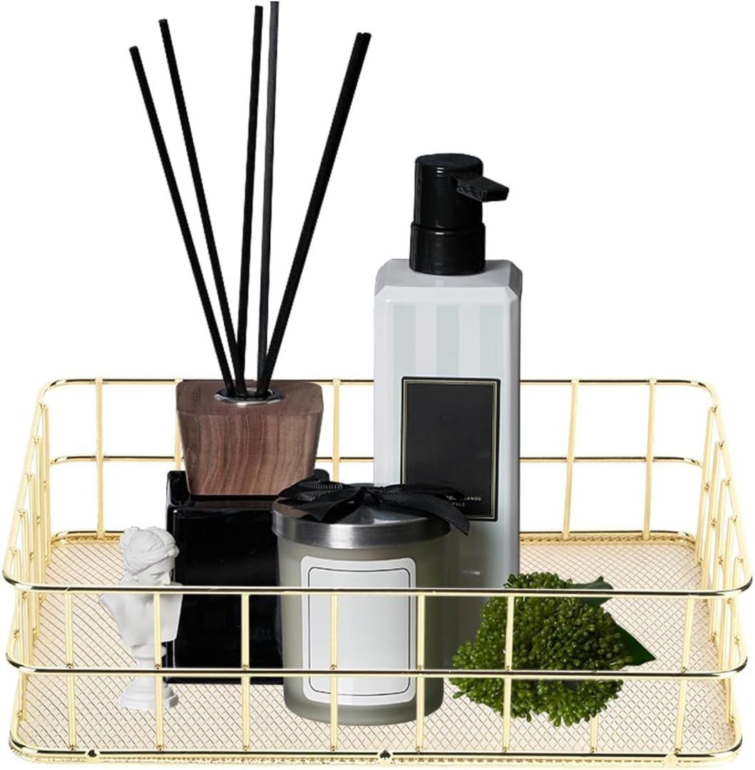 Wire Mesh Baskets, 9.6 x 6.5 in Golden Desktop Metal Storage Basket Iron Grid Storage Tray Net Basket Storage Bins for Home Cosmetic Stationery