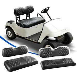 NOKINS 4PCS Golf Cart Diamond Seat Covers Kit, Front&Rear Seat Covers Fits EZGO TXT 1994-2013/EZGO RXV Standard Seat Cushion, EZGO Vinyl Seat Cover Accessories, No Staples(Black&Black Stitch)