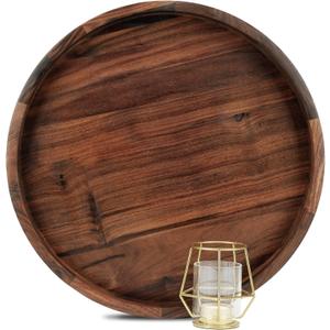 16 Inches Extra Large Round Black Walnut Wood Ottoman Tray with Handles, Serve Tea, Coffee or Breakfast in Bed, Classic Circular Wooden Decorative Serving Tray