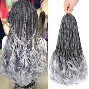 French Curl Crochet Braids 14 Inch Goddess Box Braids Crochet Hair for Women Gray Pre Looped Crochet Box Braid with Curly Ends Synthetic French Curly Braiding Hair Extensions (8 Packs1B/Gray)