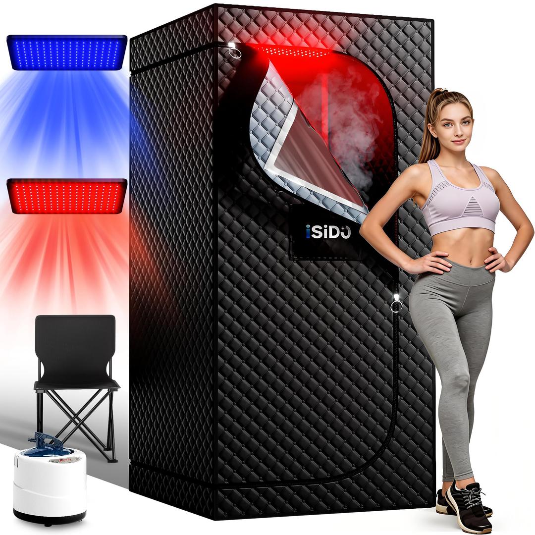 ISIDO Infrared Steam Sauna with 660nm Red & Blue Light Therapy & 850nm Infrared Light Panel, 3L 1300W Steamer, Folding Chair, XXL Portable Sauna Personal Sauna Steam Sauna Tent Home Sauna