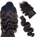 Essent Seamless Body Wave Clip in Hair Extensions Seamless Real Human Hair, 22 Inch 1Pack 130g 7Pcs Human Hair Extensions for Women Natural Black