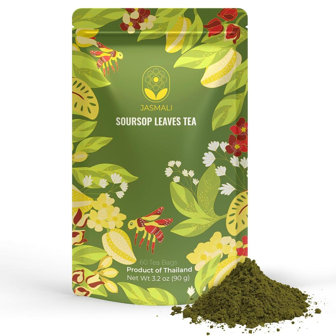 Jasmali Soursop Tea - 60 Dried Soursop Leaves Tea Bags, Herbal Tea, Hoja de Guanabana, Vacuum Sealed, Sourced from Thailand, Caffeine Free, Gluten Free