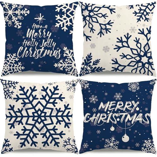 KISVODS Christmas Pillow Covers 16x16 Blue Christmas Decorations Snowflake Throw Pillow Covers Merry Christmas Winter Holiday Decor Xmas Cushion Case for Sofa Couch Set of 4