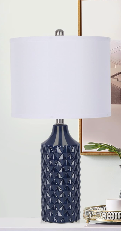 Qingmiao Modern Ceramic Table Lamp, 1 Navy Blue with Diamond Protrusions Texture, 25'' Nightstand Lamp for Bedroom Living Room