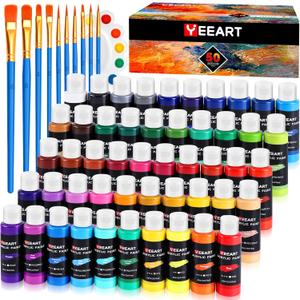 50 Color Acrylic Paint Set, 2oz Bottles, Rich Pigmented Canvas Paint with 10 Brushes &Palette, Professional Art Supplies Kit for Adults & Kids, Non-Toxic, Suitable for Canvas, Rocks, Wood