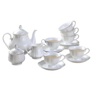 GuangYang 15-pcs Porcelain Tea sets for Adults, Off White Embossed Pattern with Gold Trim (A set Included 1 Teapot, 1 Sugar Bowl, 1 Cream Pitcher, 6 Cups and 6 Saucers)