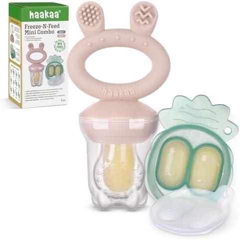 Haakaa Baby Fruit Food Feeder & Mini Freezer Nibble Tray Combo, Breastmilk Popsicle Molds for Baby Cooling Relief, BPA Free Silicone Feeder for Safe Infant Self Feeding, 4 Month+ (Blush)