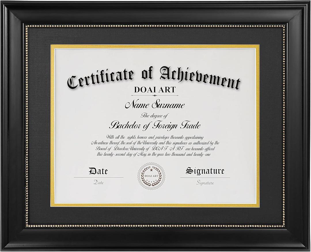 DOAI ART 8.5 x 11 Diploma Frame Classic Black Display 8.5x11-inch with Black Over Gold Mat or 11x14 Document &Certificate Without Mat, Gold Beads Hanging Hardware Included, Tabletop,  A Black Mat