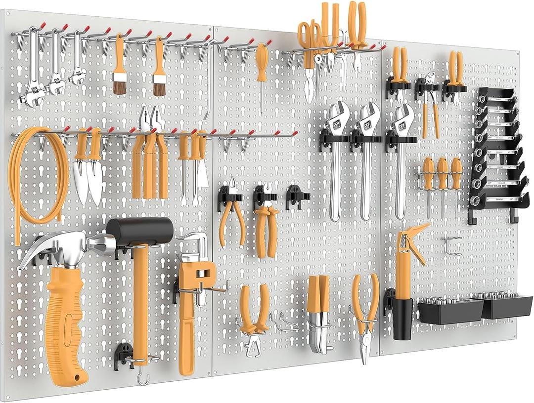 WALMANN Metal Pegboard Tool Organizer Boards with Pegboard Hooks, 24x48in Tools Organizer Pegboard for Garage, Workbench, Peg Board, Tool Storage Board with Hooks(Grey)